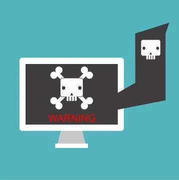 Virus with death skull on computer screen Illustrazione stock