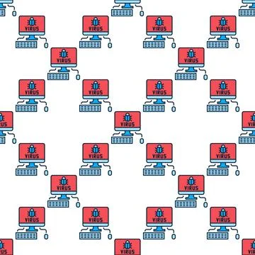 Virus on Desktop Computer vector colored seamless pattern 스톡 일러스트