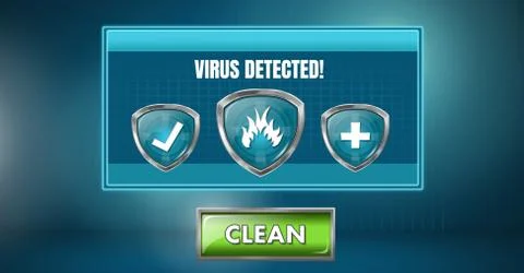 Virus detected software interface with clean button and shields Illustrazione stock
