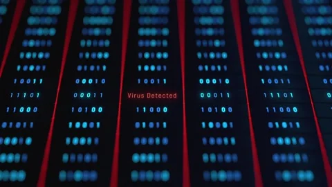 Virus detected warning sign, binary code, data processing, computer virus. Video stock 323856787