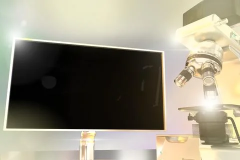 Virus development concept, microscope and monitor with flare Illustrazione stock