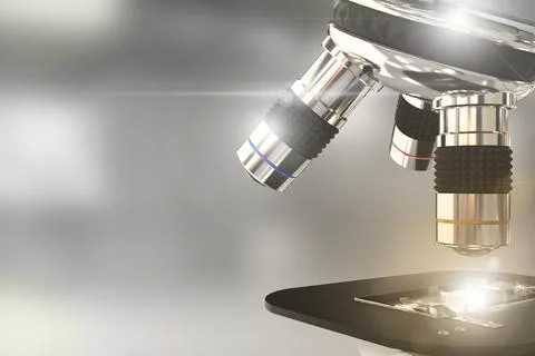 Virus discovery concept, lab microscope with flare 库存插图