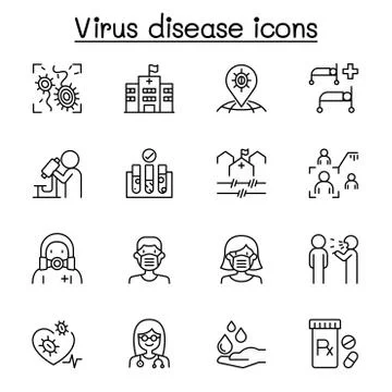 Virus disease icon set in thin line style Illustrazione stock