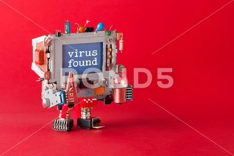 Virus found and cyber safety concept. Tv robot handyman with pliers and light Stock Photos