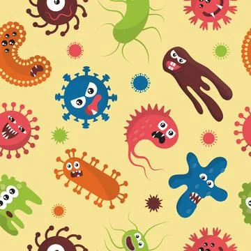 Virus germ. Funny bacteria pattern. Comic Covid influenza characters. Micro.. Stock Illustration
