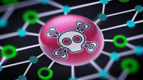 Virus icon. Circuit board in the screen. Looping footage with codec Prores 4444. Stock Footage 109088842