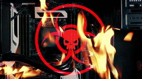 Virus Infects Computer And Starts Fire - Cyber Attack Concept Stock Footage 171544235