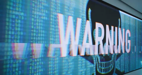 Virus malware glitch animation warning banner on large LED wall screen Stock Footage 254146986