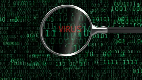Virus malware under digital magnifying glass, anti-virus finds malicious app Stock Footage 115177550