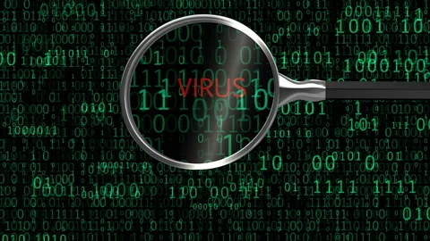 Virus malware under digital magnifying glass, anti-virus finds malicious app Stock Footage 115179889