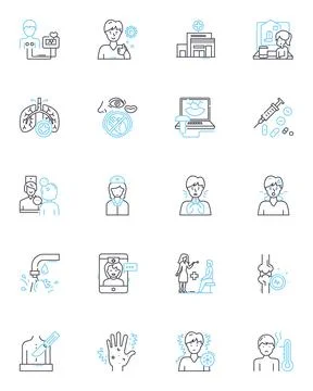 Virus management linear icons set. Quarantine, Contact tracing, Testing Ilustración de archivo