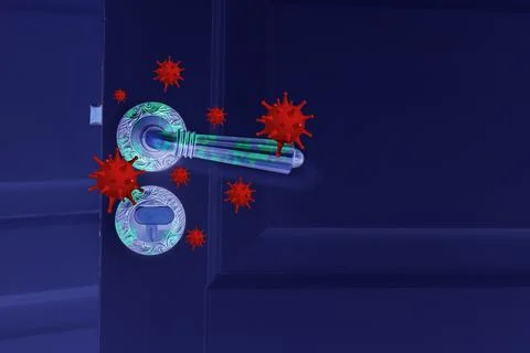 Virus molecules under UV light on door handle. Avoid touching objects and sur Photos