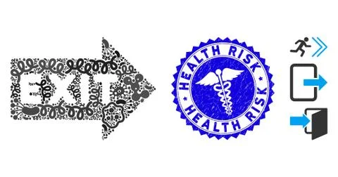 Virus Mosaic Exit Arrow Icon with Medical Scratched Health Risk Seal Illustration