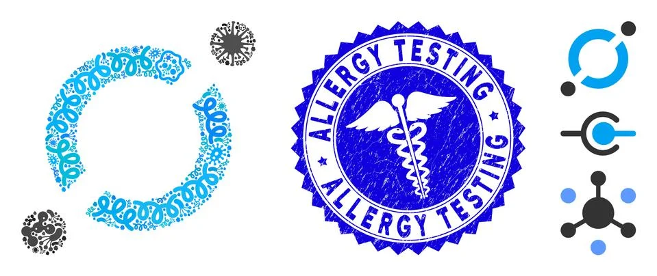 Virus Mosaic Node Link Icon with Medical Textured Allergy Testing Stamp Illustrazione stock