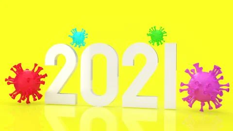 Virus multi colour and number 2021  on yellow background for medical content  Stock Illustration