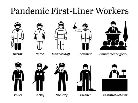 Virus pandemic first-liner workers. Vector icons of doctor, nurse, medical st Stock Illustration