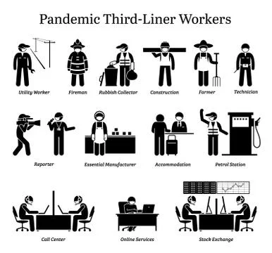Virus pandemic third-liner workers. Vector icons of utility worker, fireman,  Stock-Illustration