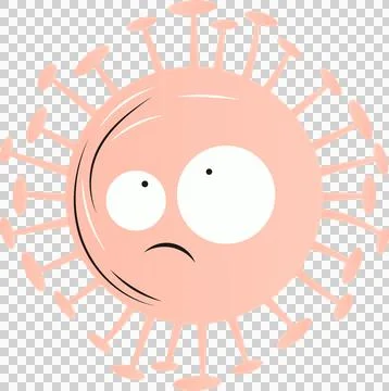 Virus particle is floating in flat design with pink spiky sphere, frown, Stock Illustration