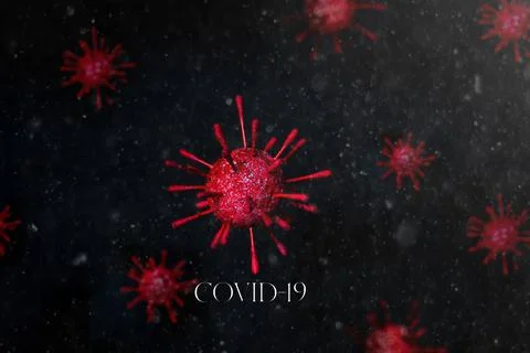 Virus particles on black background with COVID-19 text Stock Illustration