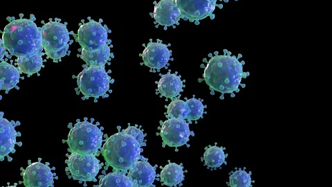 Virus particles floating from left to right on black background. 3d render Stock Footage 133061856