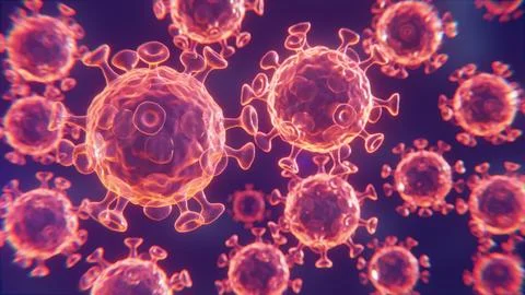 Virus Particles Floating on Purple Background, 3D rendering Stock Illustration