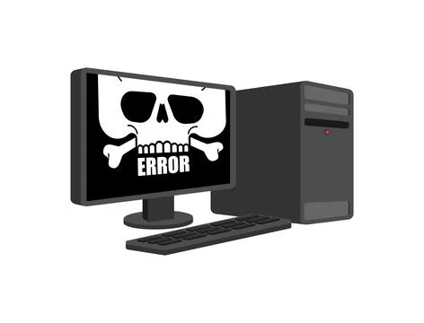Virus on pc skull and error. Computer is infected with virus. Illustrazione stock