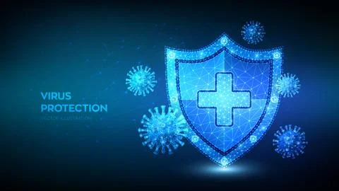 Virus protection. Low polygonal shield and Covid-19 virus cells. Coronavirus  Stock Illustration
