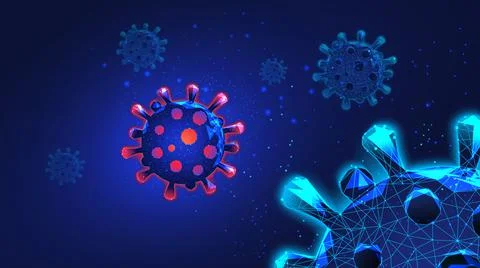 Virus red and blue Molecules from triangles and luminous points. Concept of b Stock Illustration