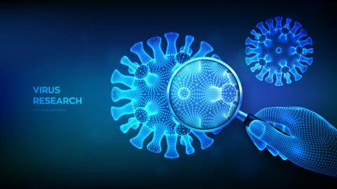 Virus research concept with magnifier in wireframe hand and abstract novel co Stock Illustration