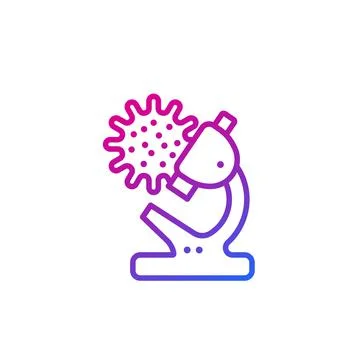 Virus research line icon with microscope, vector Stock Illustration