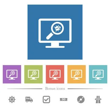 Virus scanning on computer flat white icons in square backgrounds Stock Illustration