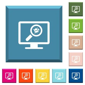 Virus scanning on computer white icons on edged square buttons 库存插图