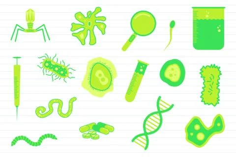 Virus science education with various objects and paper line background - vect Stock Illustration