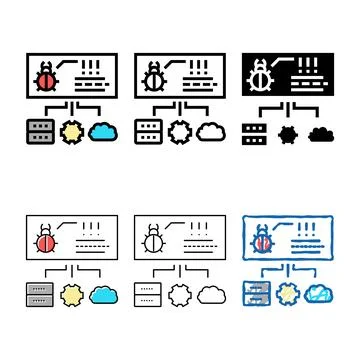 Virus on server, cloud looks and computer components color icon vector Stock Illustration