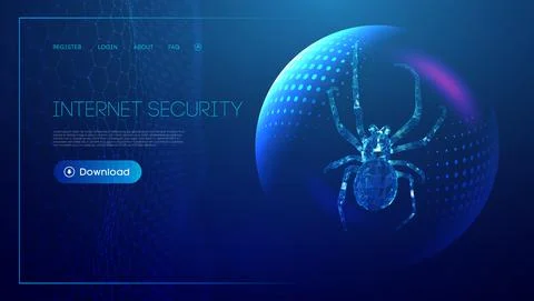 Virus spider in low poly style on blue background with sphere shield. Cybercryme Illustrazione stock