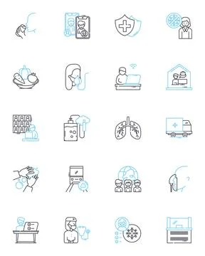 Virus spread linear icons set. Contagion, Infectious, Outbreak, Epidemic Stock Illustration