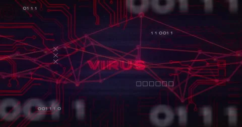 Virus text and digital circuit lines animation over dark background with binary Stock Footage 304191908