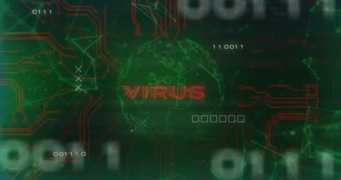 Virus text and digital circuit animation over green globe and binary code Stock Footage 304191915