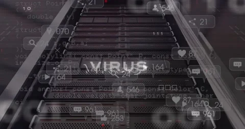 Virus text and microprocessor connections against close up of a computer server Vídeo Stock 196888848