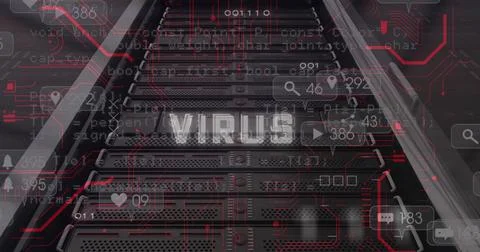 Virus text and microprocessor connections against close up of a computer server 스톡 사진