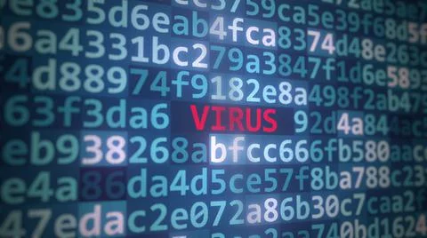 VIRUS text and source code on the computer monitor, 3D rendering Stock Illustration