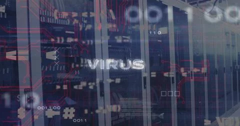 VIRUS text floating over server racks in data center, with circuit overlay, 写真素材