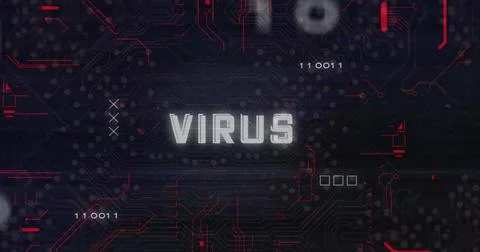 Virus text image over digital circuit board background with binary code 库存照片