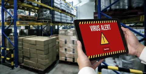 Virus warning alert on computer screen detected modish cyber threat Stock Photos