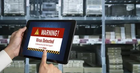 Virus warning alert on computer screen detected modish cyber threat Stock Photos