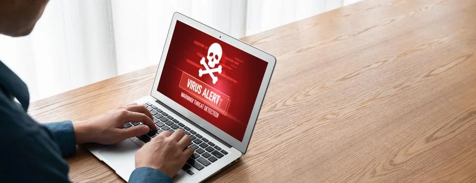 Virus warning alert on computer screen detected modish cyber threat Stock Photos