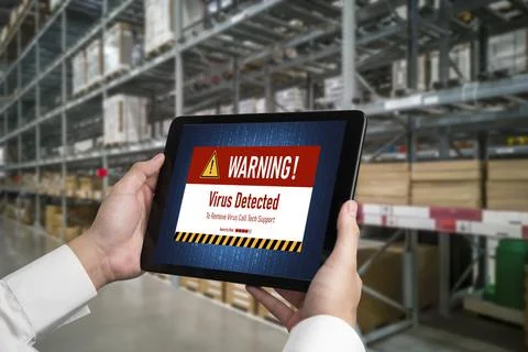 Virus warning alert on computer screen detected modish cyber threat Stock Photos