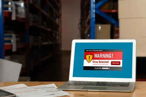 Virus warning alert on computer screen detected modish cyber threat Stock Photos