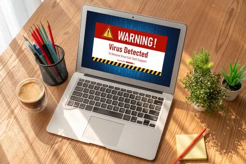 Virus warning alert on computer screen detected modish cyber threat Stock Photos
