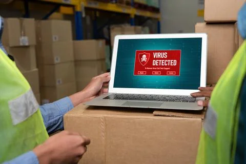 Virus warning alert on computer screen detected modish cyber threat Stock Photos